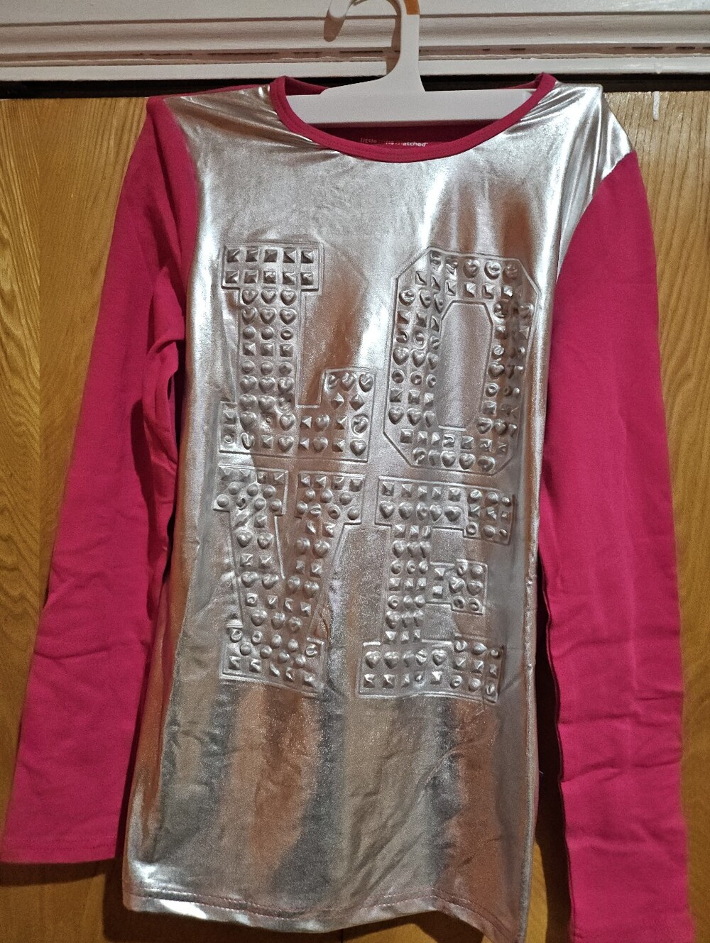 Girls' Silver Metallic Front Long Sleeve Top with Pink Sleeves